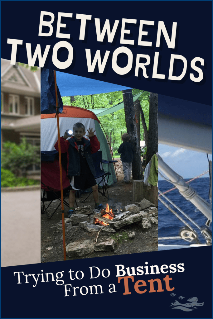 A picture of our tent in Ottawa with a blurred photo of our house in Carp on the left and a picture from the helm of our St. Francis 50 catamaran on the right.