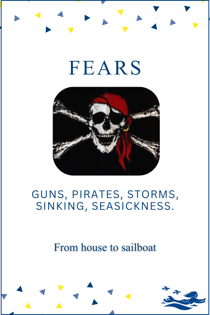 A skull and cross-bones graphic, wearing a pirate hat all set in a PIN about fears about a life afloat.