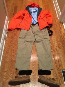 What my husband will be wearing on the plane tomorrow - bulky items best left out of his carry-on