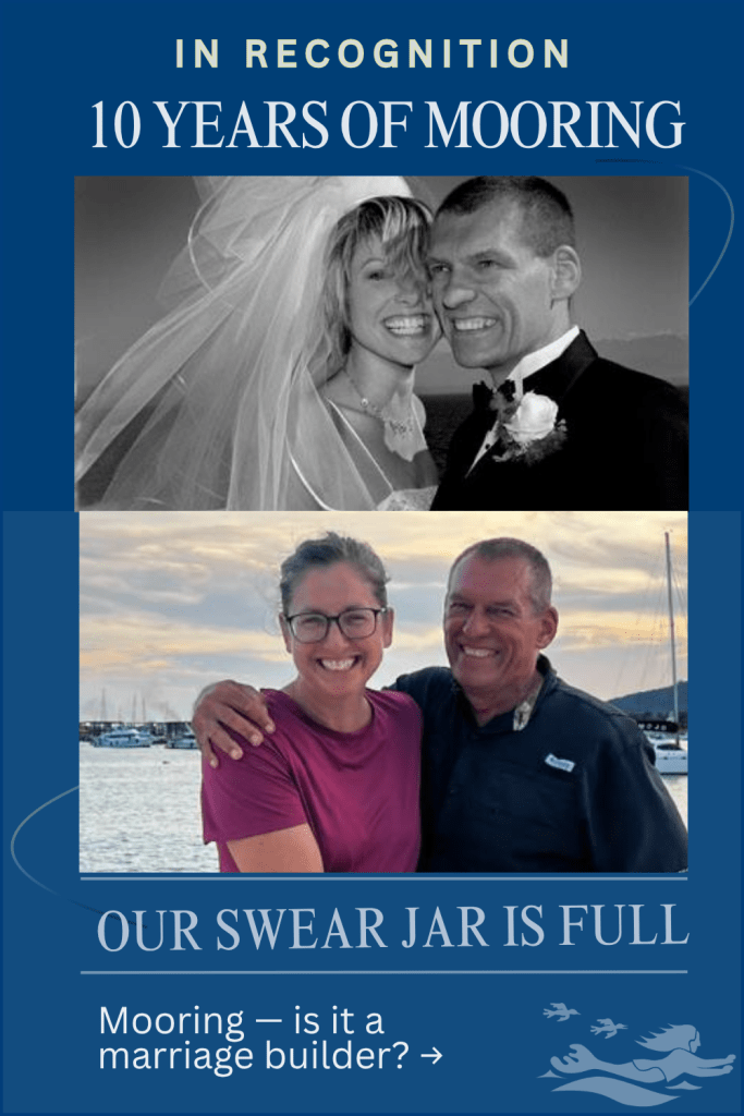 A comparison photo of me and Rick on our wedding day and 20 ish years later in Phuket. We have been sailing for more than 10 years and have done plenty of mooring.