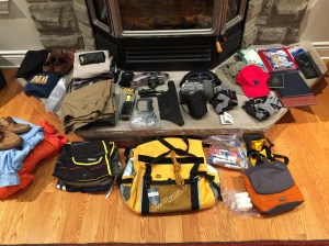 My husband's gear for crewing in Antigua laid-out and ready to be packed