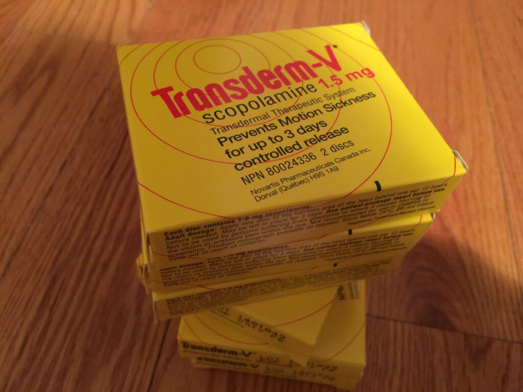 Scopolamine Side Effects: Yellow Transderm Scopolamine packages