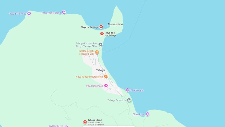 Map of Taboga Island, showing the area that becomes fully submerged during high-tide. This is the area between Playa de la Isla Taboga and Morro Island.