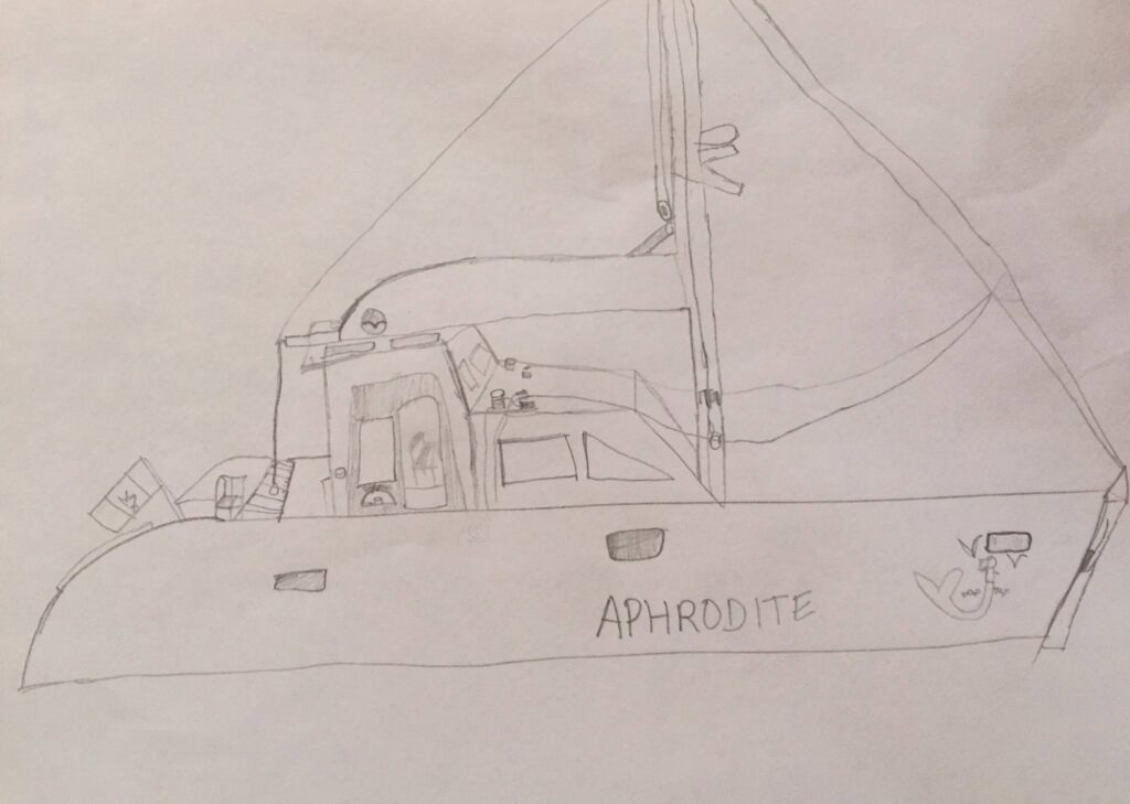 A boat kid'sa drawing of a catamaran after one year at sea.