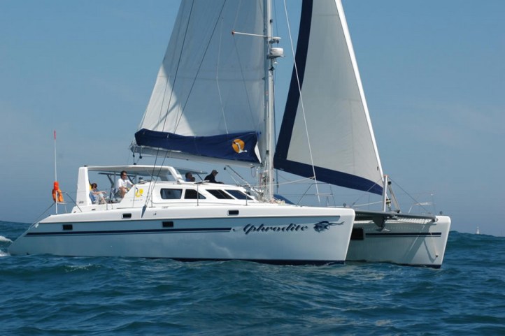 SV Aphrodite, a St Francis 50 catamaran and Hull #1 as seen from the Starboard side.