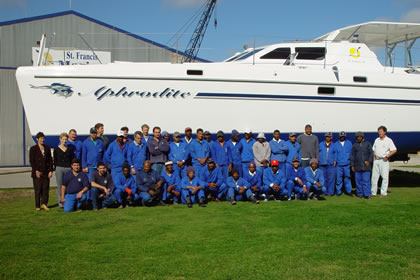 Our catamaran SV Aphrodite with the team from St Francis Marine in South Africa.