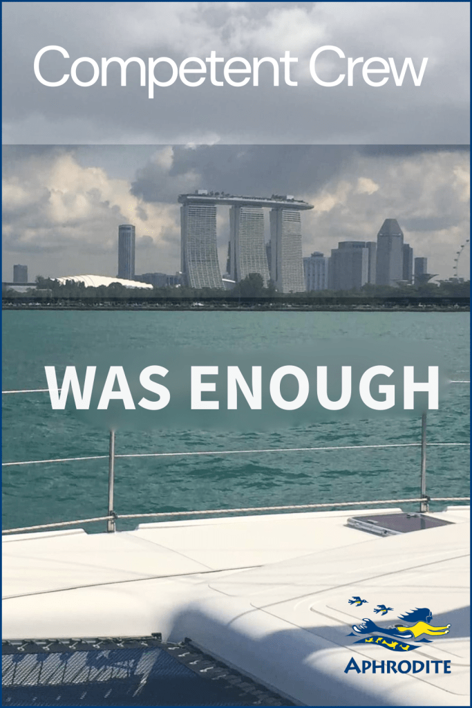 A skyline of Singapore from the deck of our St. Francis 50 catamaran, SV Aphrodite. 