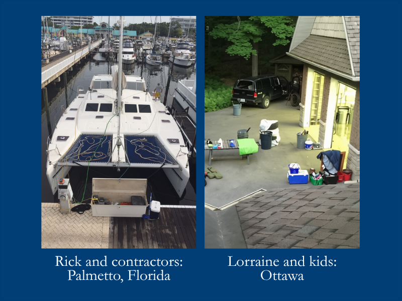 Rick’s view of SV Aphrodite during the catamaran refit in Fort Lauderdale, compared with my view of packing up our life in Ottawa.
