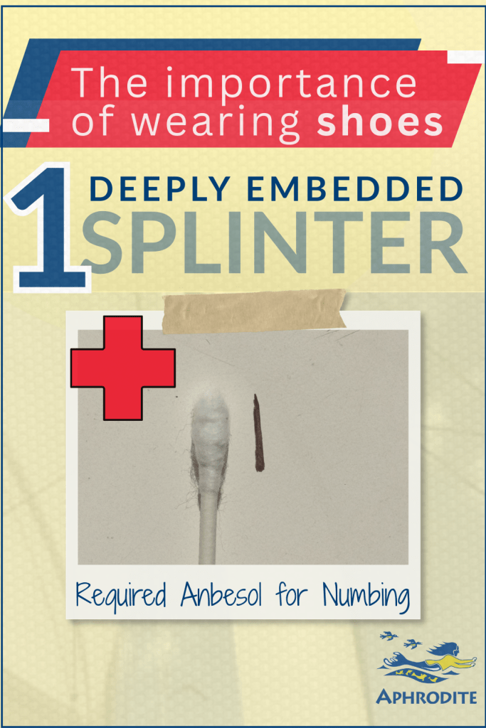 A picture of the splinter and a Q-tip for size reference. This was the splinter that became embedded in Paul's foot in Georgetown, Bahamas.