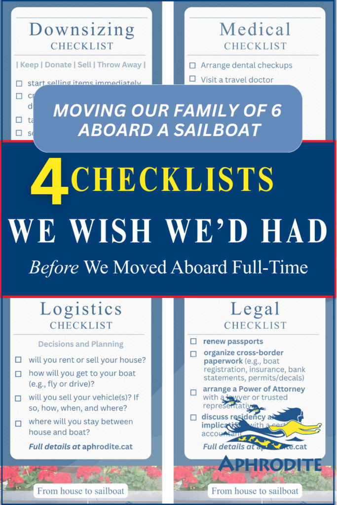 Moving aboard a sailboat: A composite image that includes four checklists I created after moving from a house to a sailboat as a family of six from Canada.