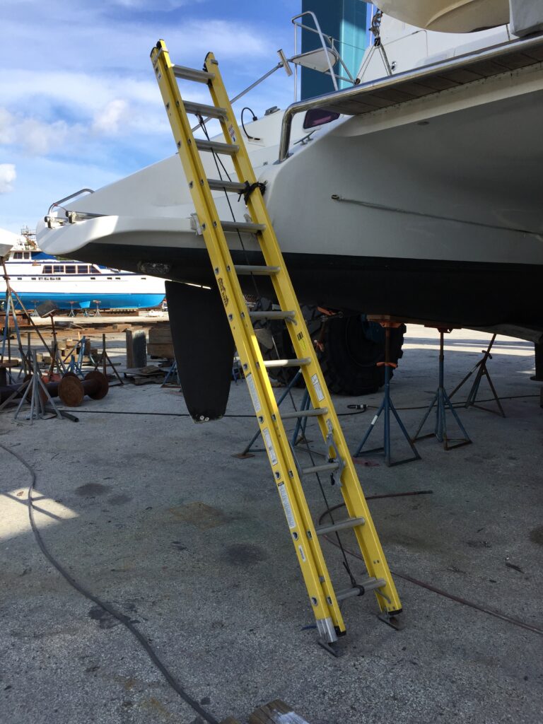 First boat haul out: Ladder to our boat with river view.