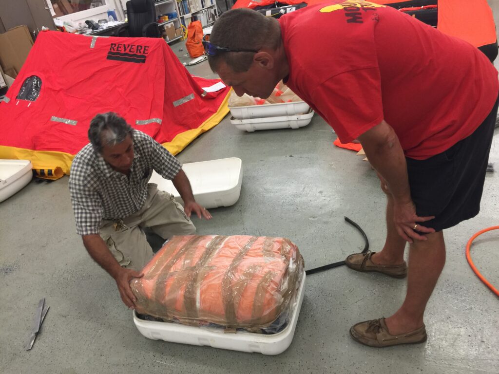 Life-raft servicing: Our life raft contains a self-inflating cylinder and emergent supplies.