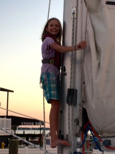 Betty (age 9) climbs the mast of SV Aphrodite.