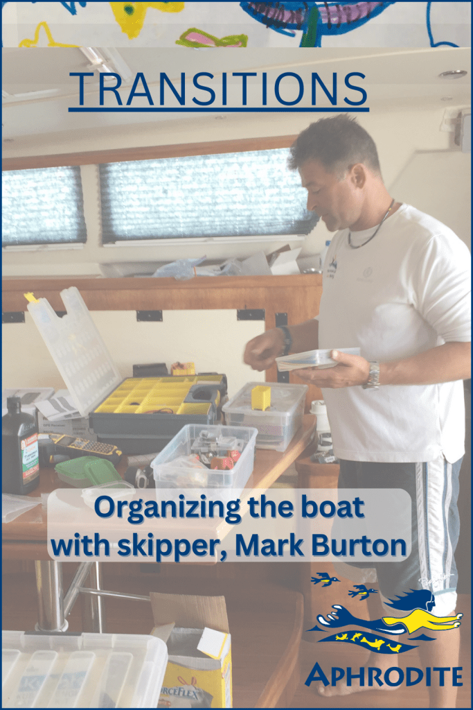 Skipper Mark Burton arranges spare parts on SV Aphrodite, Hull ! of the St. Francis 50 line of catamarans.
