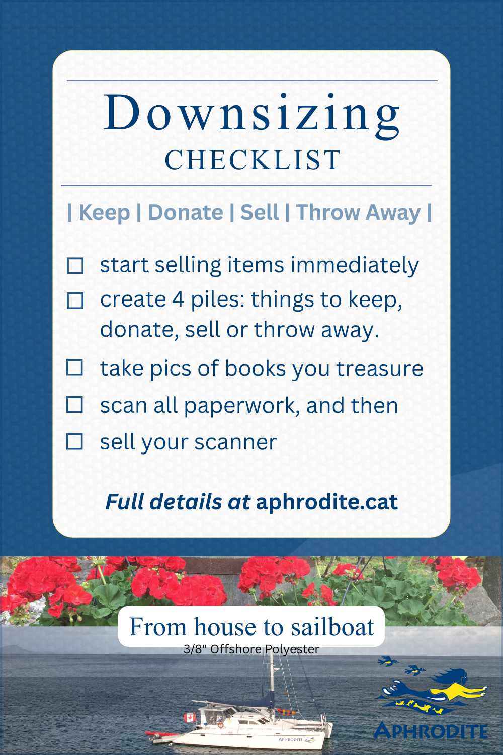 Logistics checklist describing factors to consider when transitioning from house to boat.