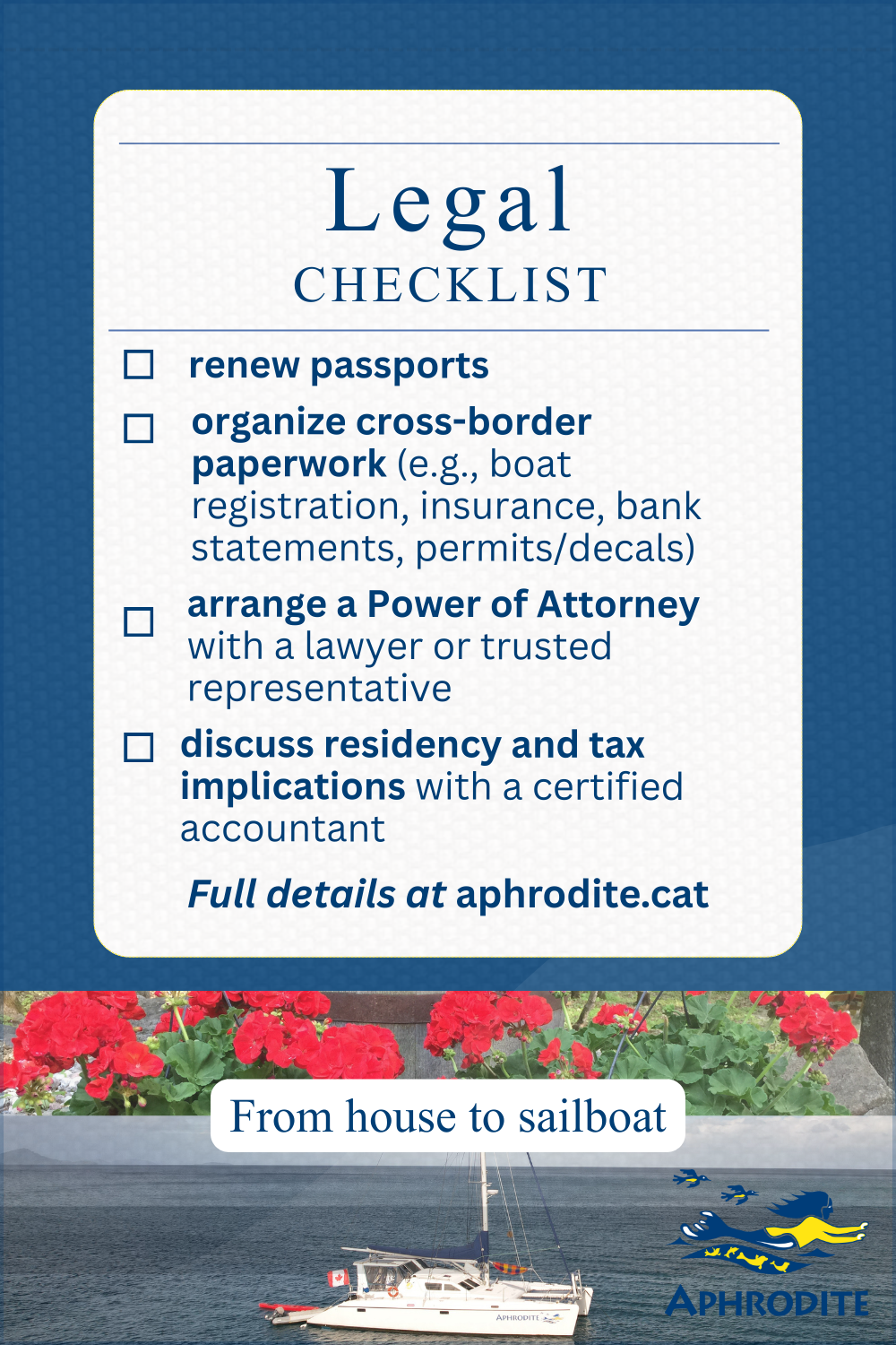 Legal checklist for moving from a house to a boat.