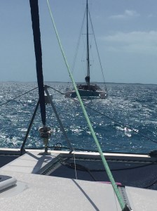 Following Dave and Nathalie's boat on our way to the Jumentos. Did our proximity to their stern breach sailing etiquette?