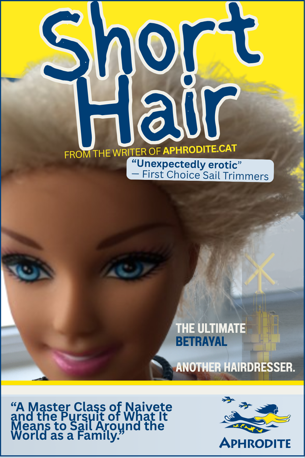 A picture of a Barbie with a haircut. This Barbie belonged to us and one of my daughers cut her hair. The photo is a spoof of a movie poster.  I had some fun with it.