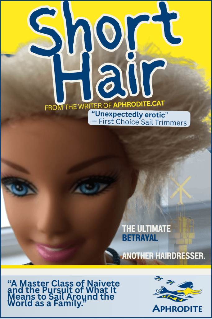 A picture of a Barbie with a haircut. This Barbie belonged to us and one of my daughers cut her hair. The photo is a spoof of a movie poster. I had some fun with it.