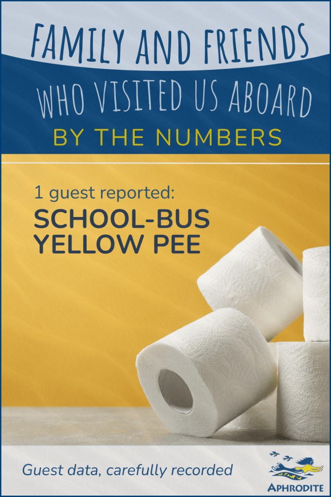 Yellow Pinterest pin with toilet paper illustration and text reading: “Family and Friends Who Visited Us Aboard: By the Numbers. 1 guest reported: school-bus yellow pee. Guest data, carefully recorded.”