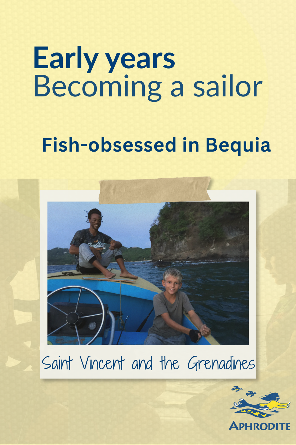 Paul with a local fisherman in Bequia, Saint Vincent and the Grenadines. They are shown in the fisherman's colourful, homemade boat fishing for reef fish.