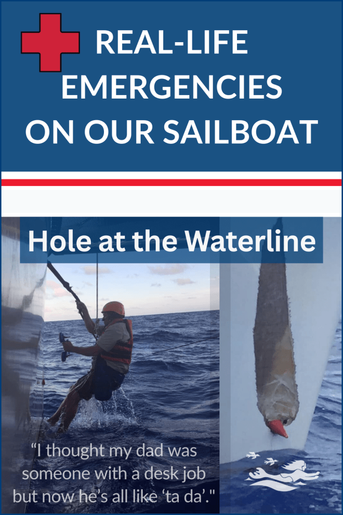 RIck Escher responding to an emergency on our boat and repairing a hole in our hull. He is suspended with a bosun chair and climbing harness over the bow of our St. Francis 50 catamaran, SV Aphrodite.