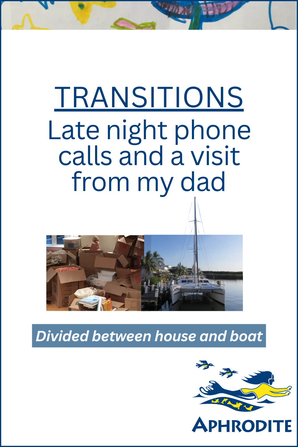 Side-by-side photo comparison of the chaos that shows the moving boxes at our house in Ottawa-Carp, and our St. Francis 50 sailing catamaran, SV Aphrodite docked in Tavernier, Florida.