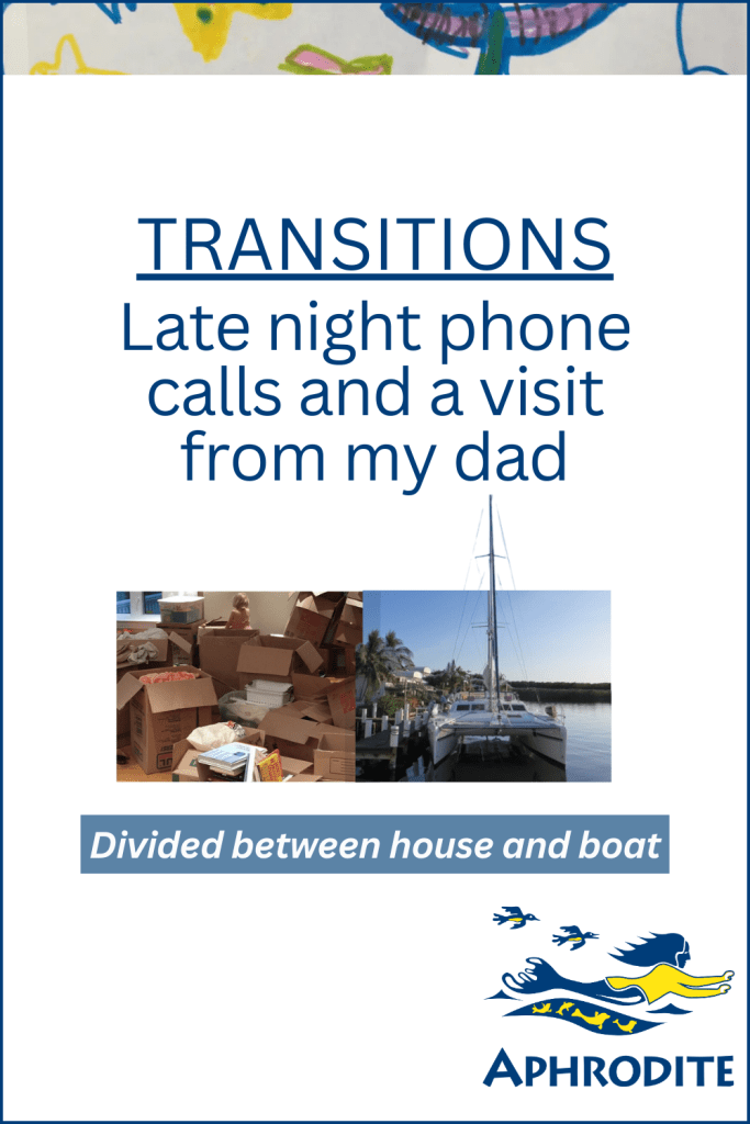 Side-by-side photo comparison of the chaos that shows the moving boxes at our house in Ottawa-Carp, and our St. Francis 50 sailing catamaran, SV Aphrodite docked in Tavernier, Florida.