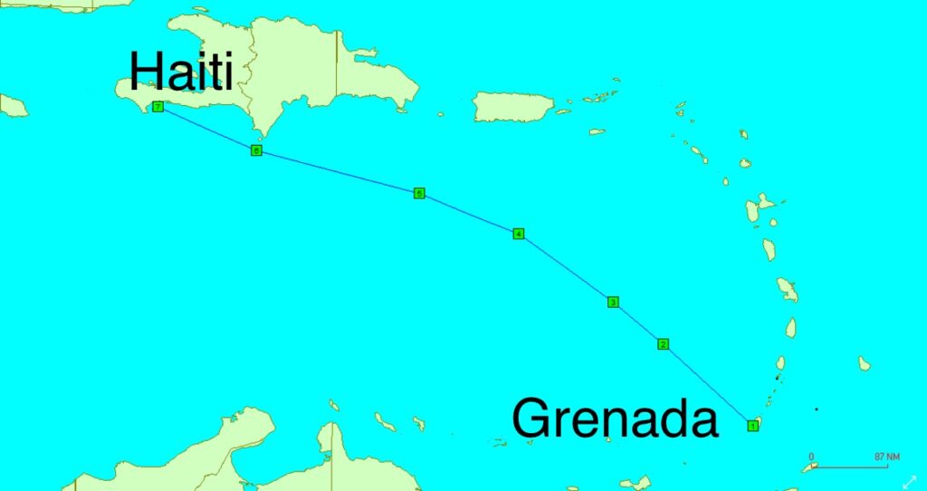Rough offshore sailing not exacty pcitured in this pretty looking route between Grenada and Haiti