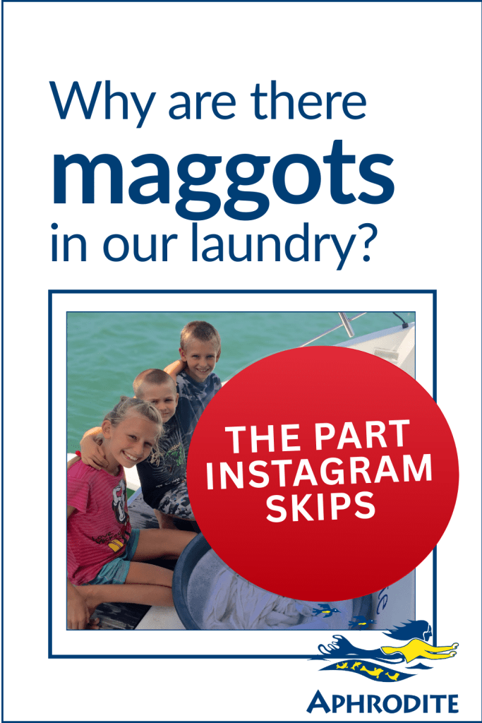 A sweet image of three of our children handwashing laundry on our sailboat, SV Aphrodite. Yet, the message is about maggots in the laundry.