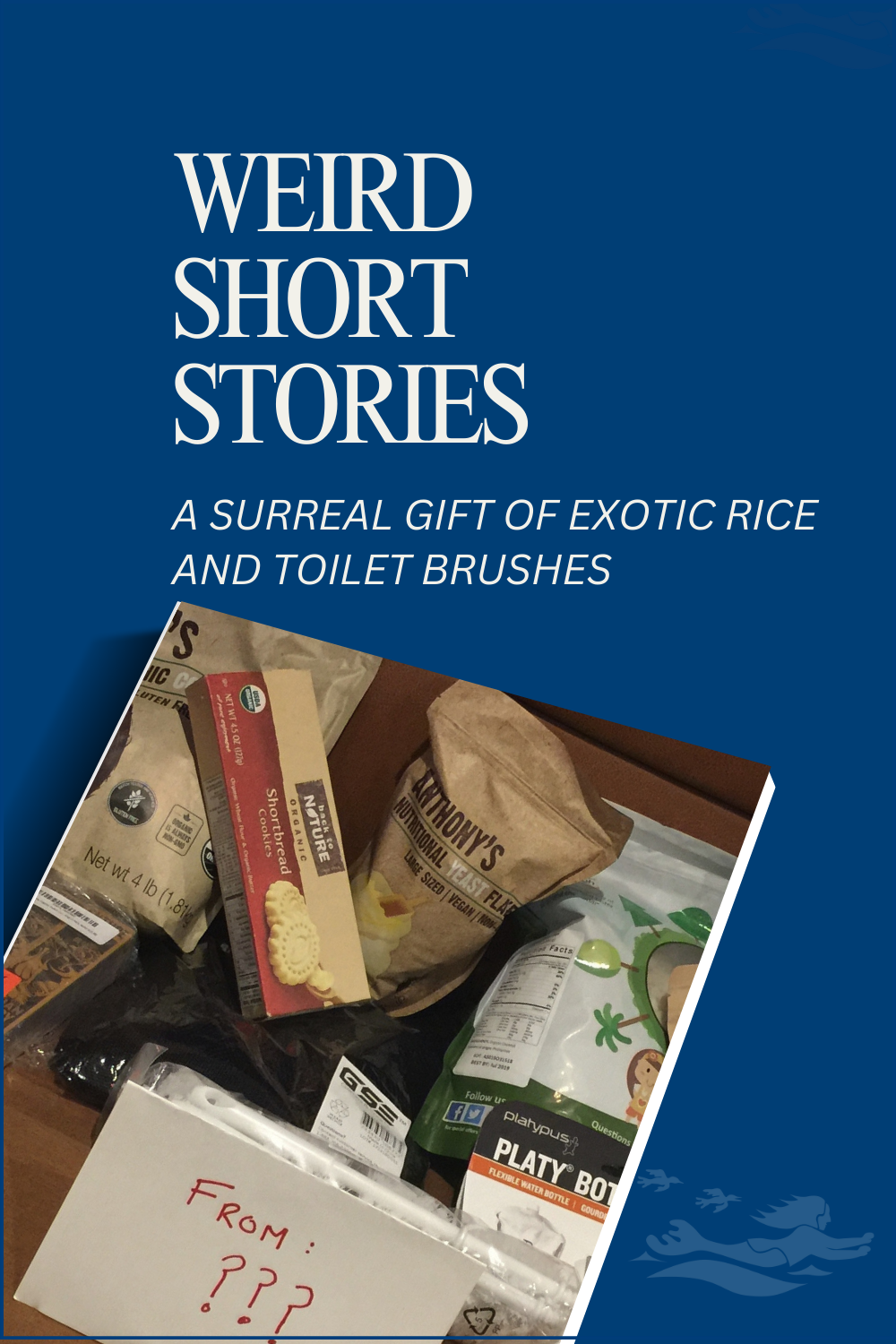 Shows the content of our Secret Santa Amazon parcels that included shortbread, platypus bottles and nutritional yeast.