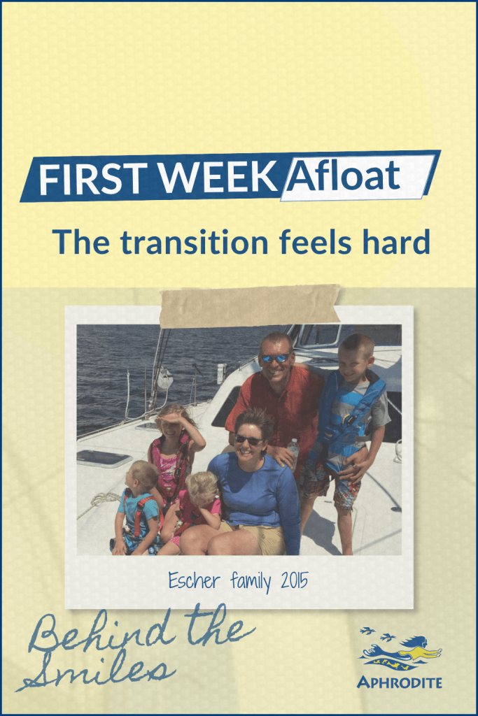 Our family of six on the front deck of our St. Francis 50 catamaran, SV Aphrodite.