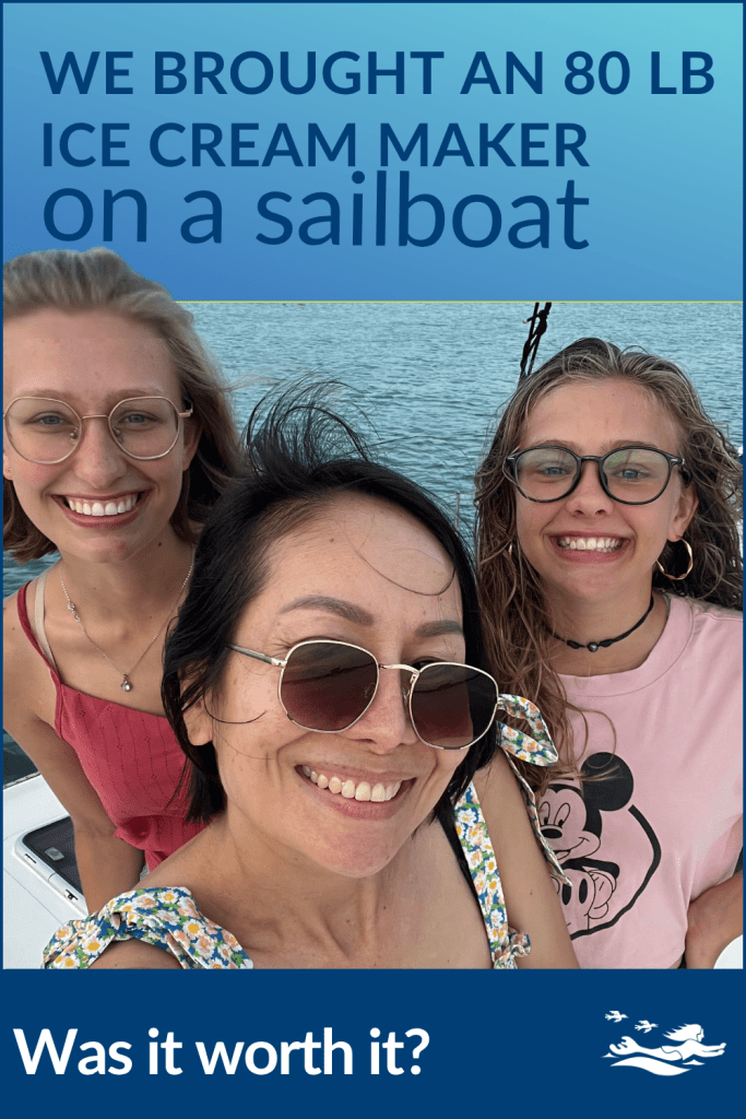 Having friends over usually includes ice cream. Karen and Betty in Thailand with our friend Nonny on our sailboat SV Aphrodite, a St. Francis 50 catamaran.