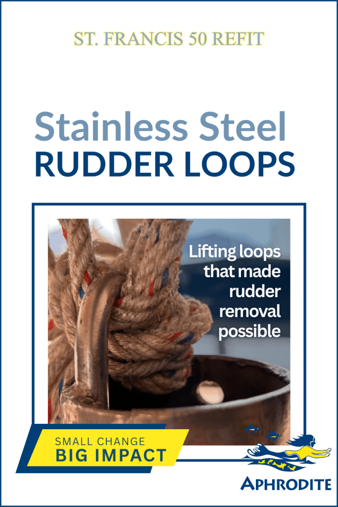 An image of one of the stainless steel loops that are on top of our rudder stock of our St. Francis 50 catamaran.