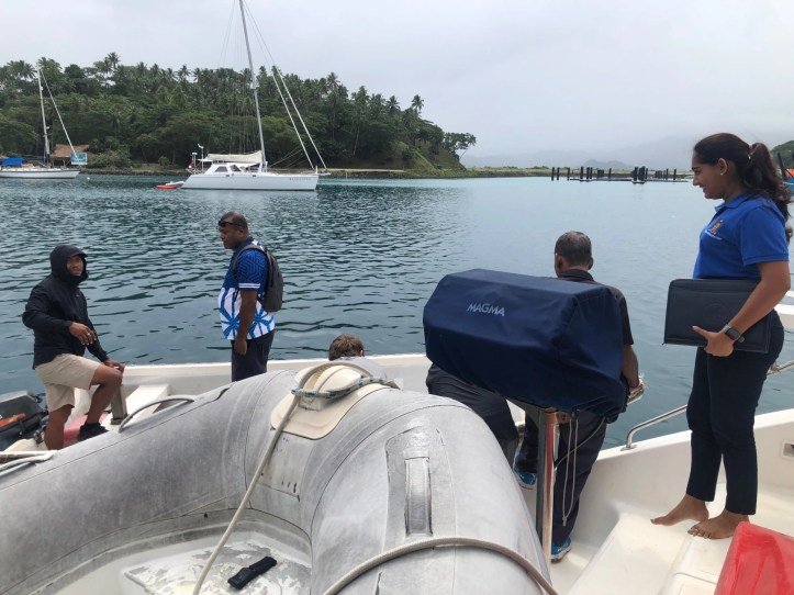 Fiji authorities leaving the St Francis 50 SV Aphrodite after a successful check-in procedure.