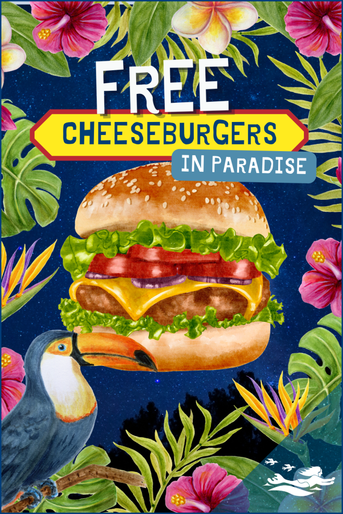 A playful Pin that mimics an album cover by Jimmy Buffet with tropical motifs, a toucan and a cheeseburger in paradise.