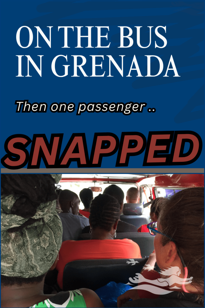 A photo of the inside of a crowded bus in Grenada, Caribbean.
