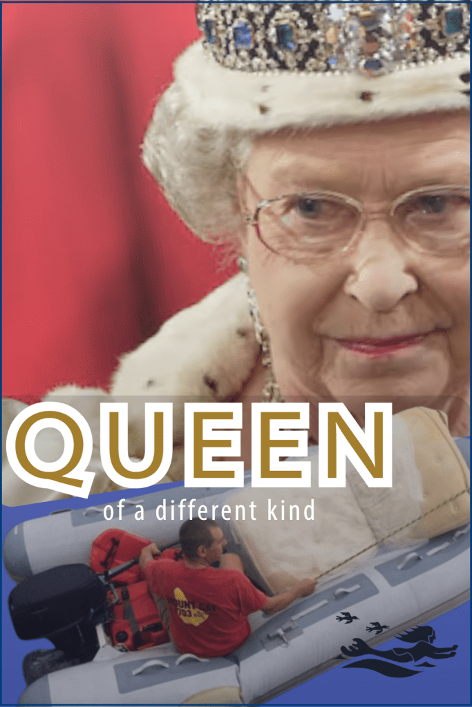 Queen Elizabeth II oversees Rick in the dinghy with an old mattress. 