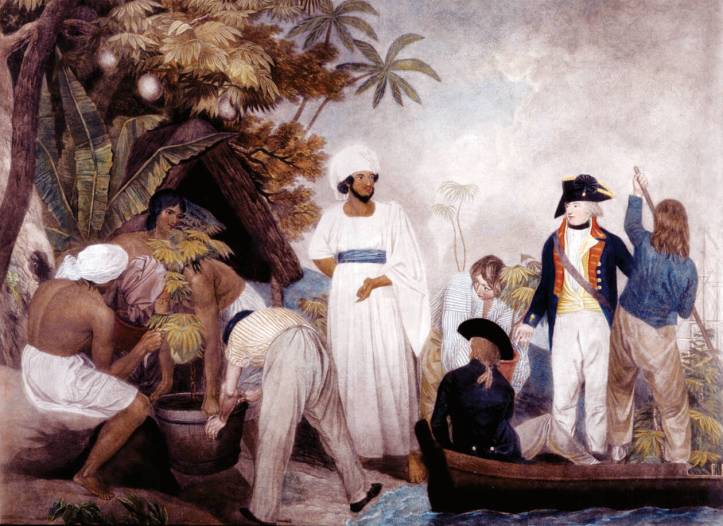 A painting by Thomas Gosse, Transplanting of the Bread Fruit Trees from Otaheite, 1796. The painting was to celebrate Captain Bligh's return from his second voyage.