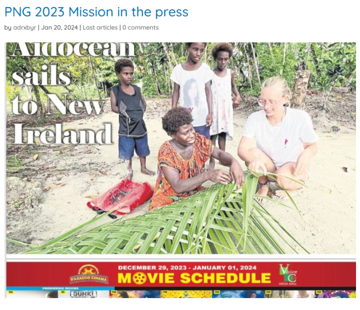 Betty Escher from Ottawa who grew up on a sailboat weaves with a woman on New Hanover Island, Papua New Guinea. 