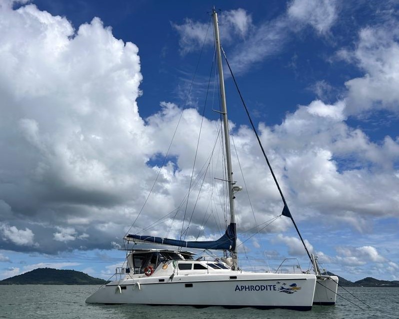 Our St. Francis 50 catamaran and Hull #1 of the fleet, SV Aphrodite near Yamu Pier, Phuket, Thailand