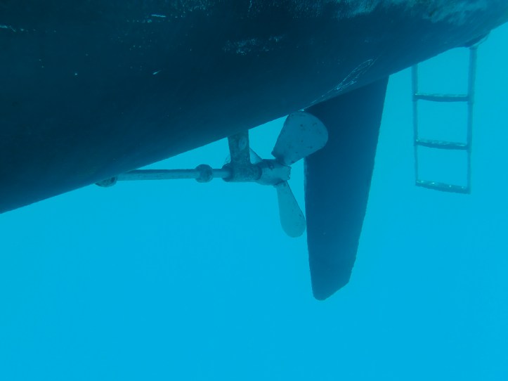 Underwater view of SV Aprhodite catamaran