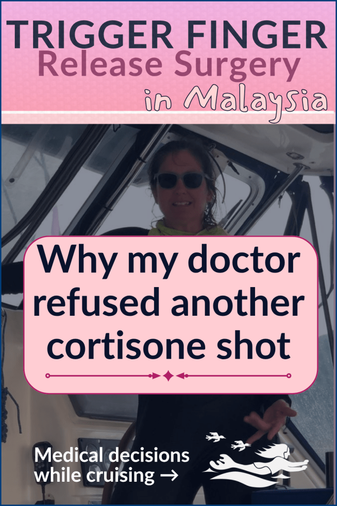 The writer, Lorraine Escher, at the helm of SV Aphrodite, Hull #1 of the St. Francis 50 catamarans.