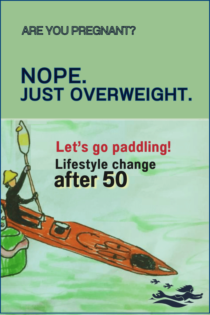 A drawing by Karen Escher of me, her mom, Lorraine Escher, kayaking in our 17 foot red kayak we call Miss Scarlett as a means to losing weight and getting fit after 50.