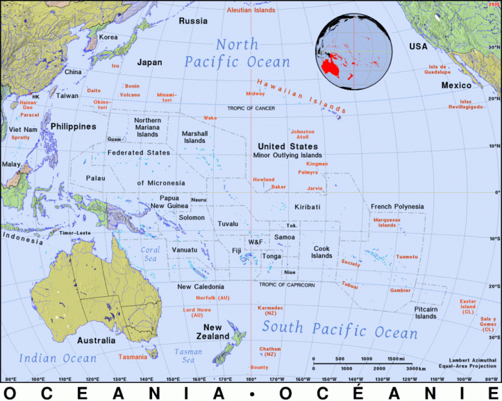 Map of Oceania showing Pacific Islands including Micronesia, Melanesia, Polynesia, and Australia