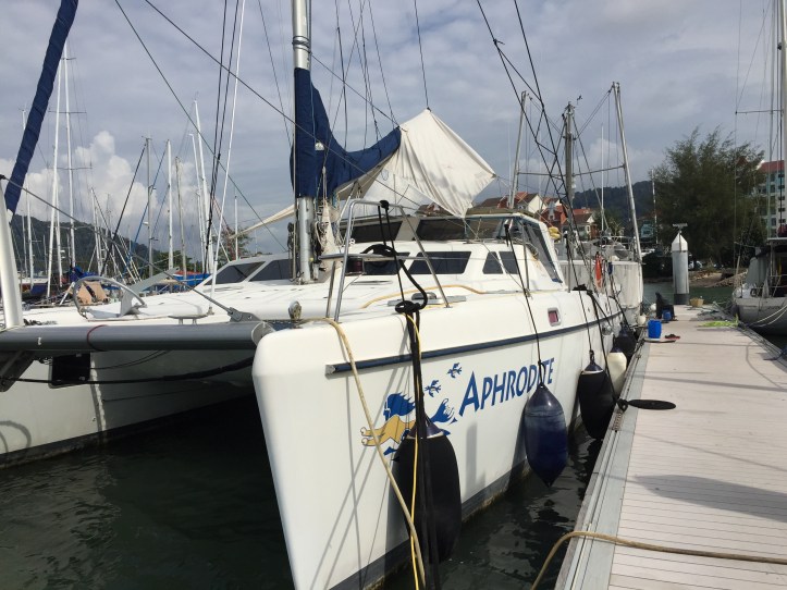 SV Aphrodite at the fuel dock at Pangkor Marina, Malaysia.