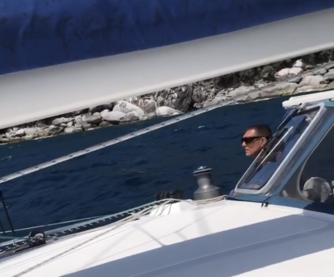 Captain Rick at the helm of SV Aphrodite overseeing our Mantus Anchor retrieval.