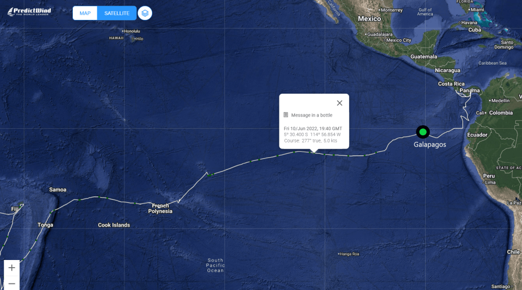 Predictwind map showing the location where Karen dropped her message in a bottle.