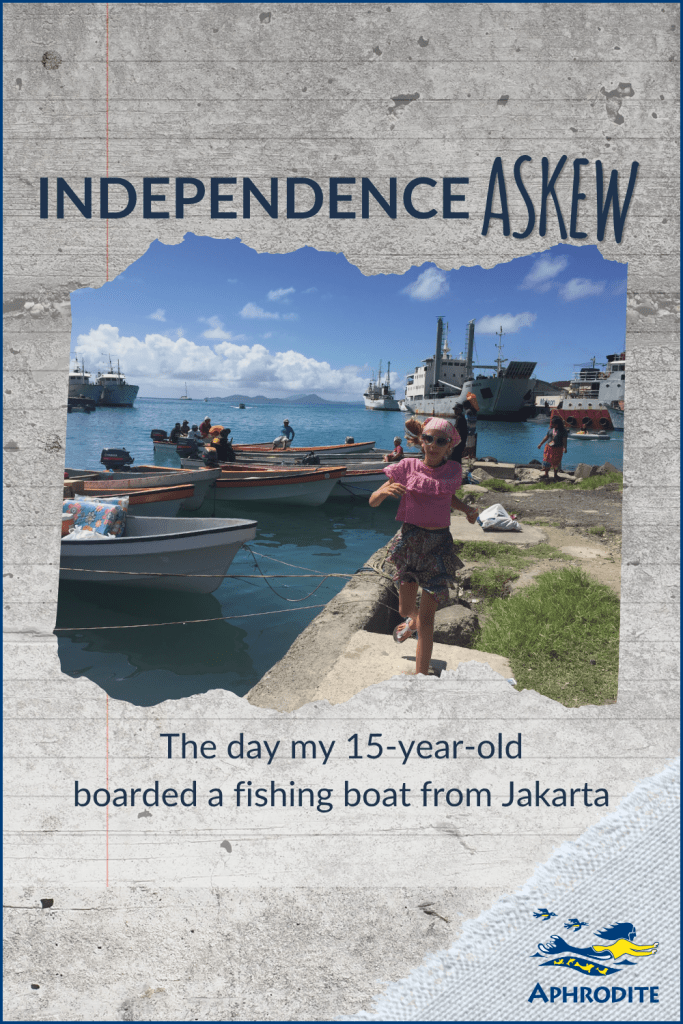 Karen running down a dock in Chuuk, Micronesia during a diesel fill when our 15-year old boarded a fishing boat from Jakarta giving off a definite Independence Askew vibe.