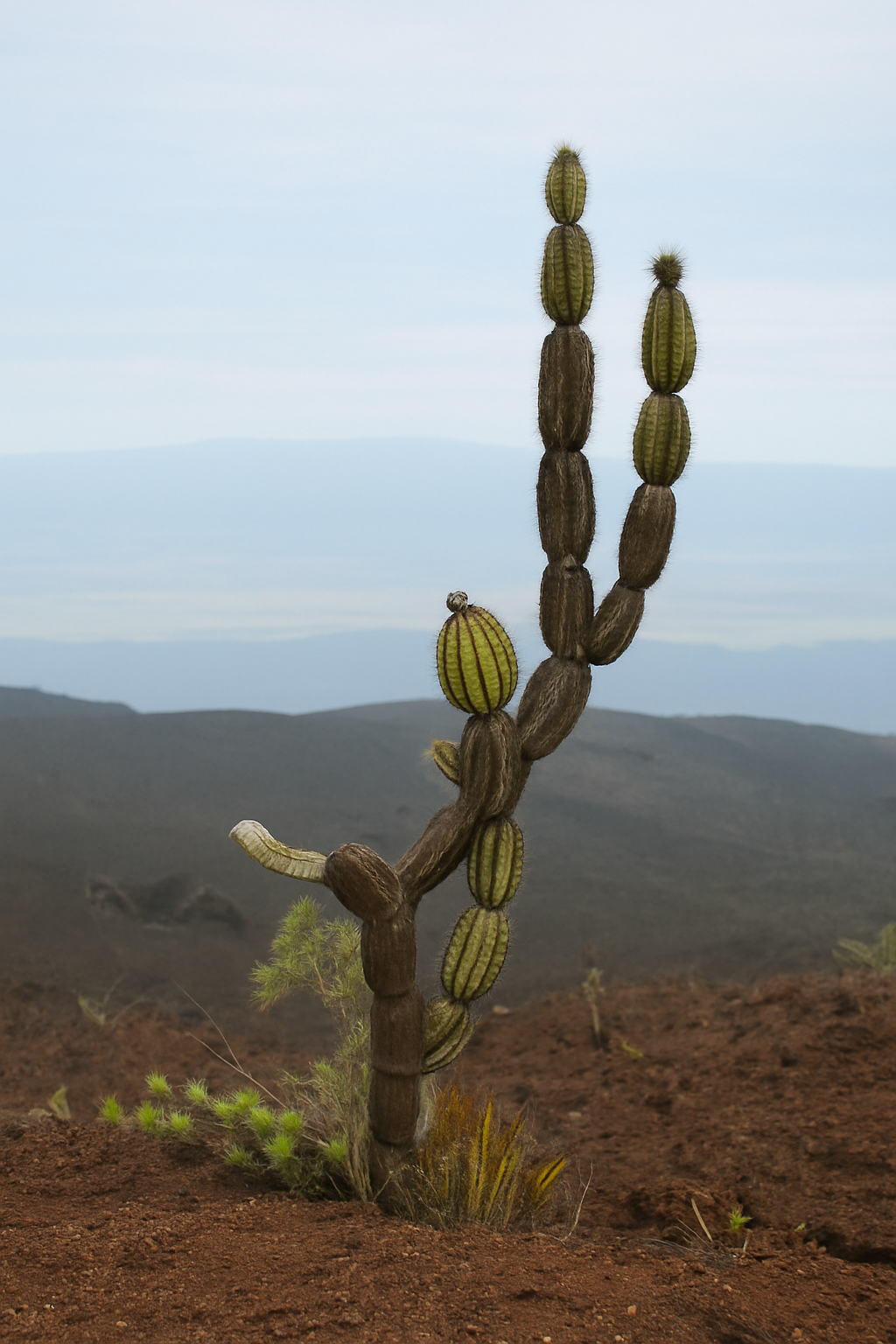 A Galapagos lava cactus that appears charred, evidence of lava splatters